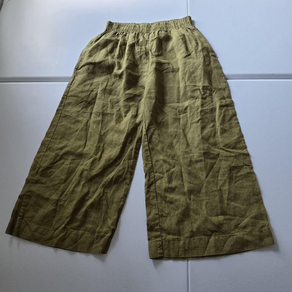 Wings Pants Women Small Olive Green Linen Wide Leg Cropped Pull On Casual Summer